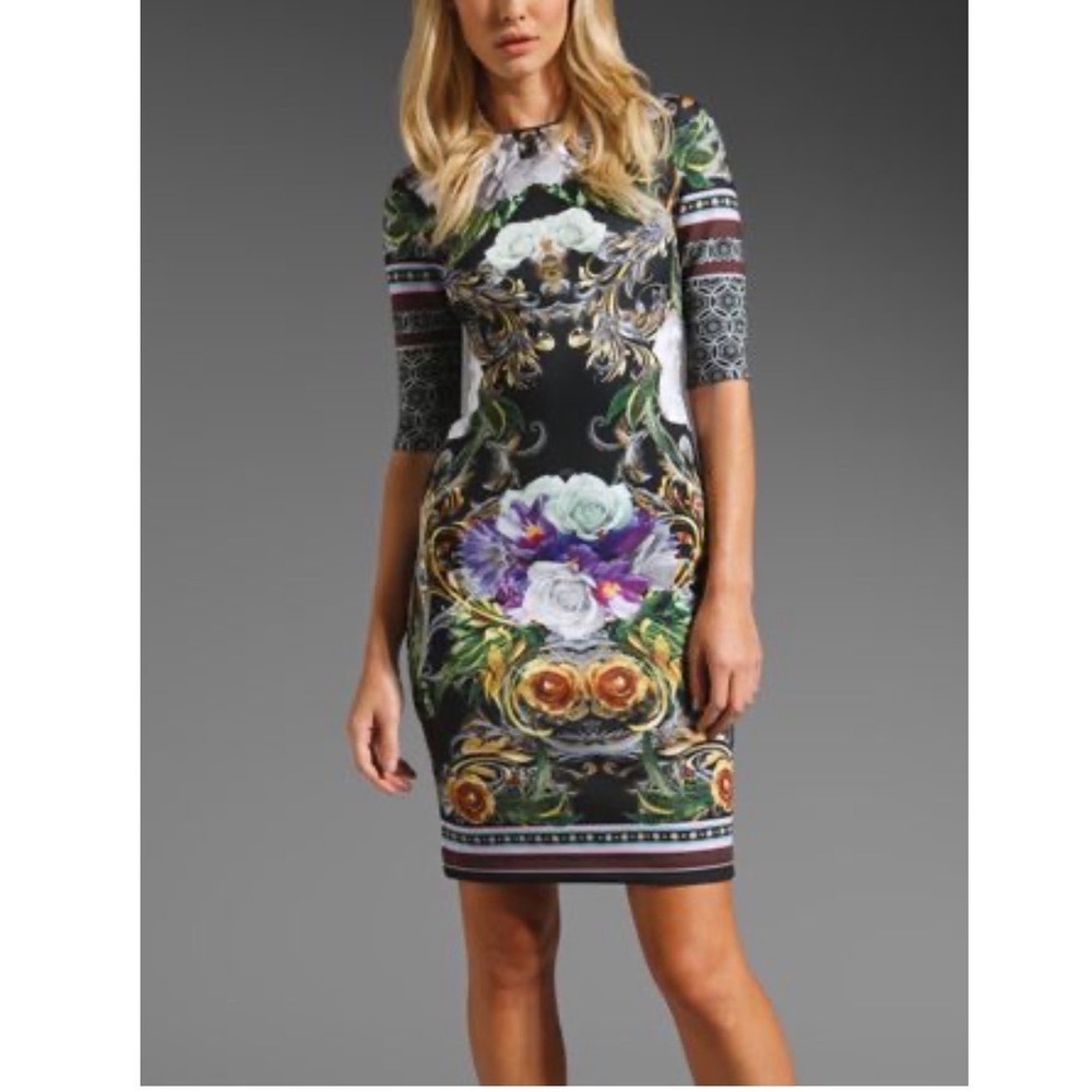 Clover Canyon Floral Geometric Sheath Dress Womens S Black Neoprene Bodycon Art